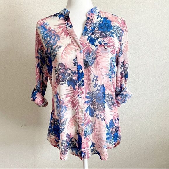 Kut from the Kloth Pink Blue Floral Sheer Relaxed Roll Tab Button Down Top S - Picture 3 of 8